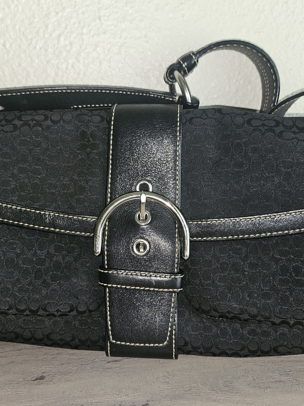 Coach Black Signature Canvas Shoulder Bag with Buckle Detail